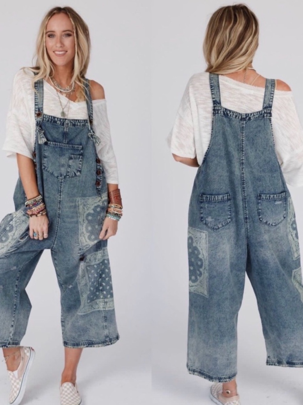 NWT Three Bird Nest High Hopes Slouchy Denim Overalls M Blue Bandana Jumpsuit